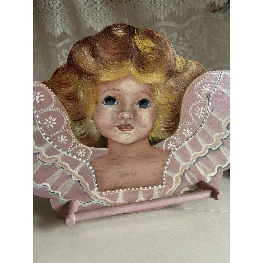 Vintage Signed ‘84 Angel Plaque with Rack Holder Folk Art Cottagecore Nursery